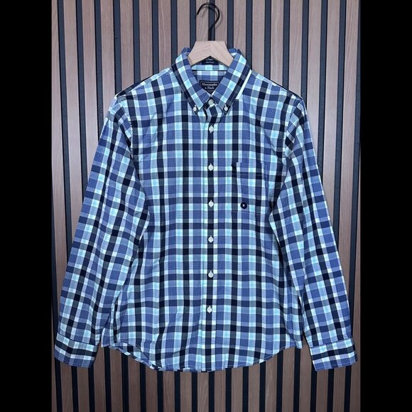 New Abercrombie & Fitch Shirt Medium Oxford Blue Plaid Long Sleeve Muscle Button - Picture 1 of 10